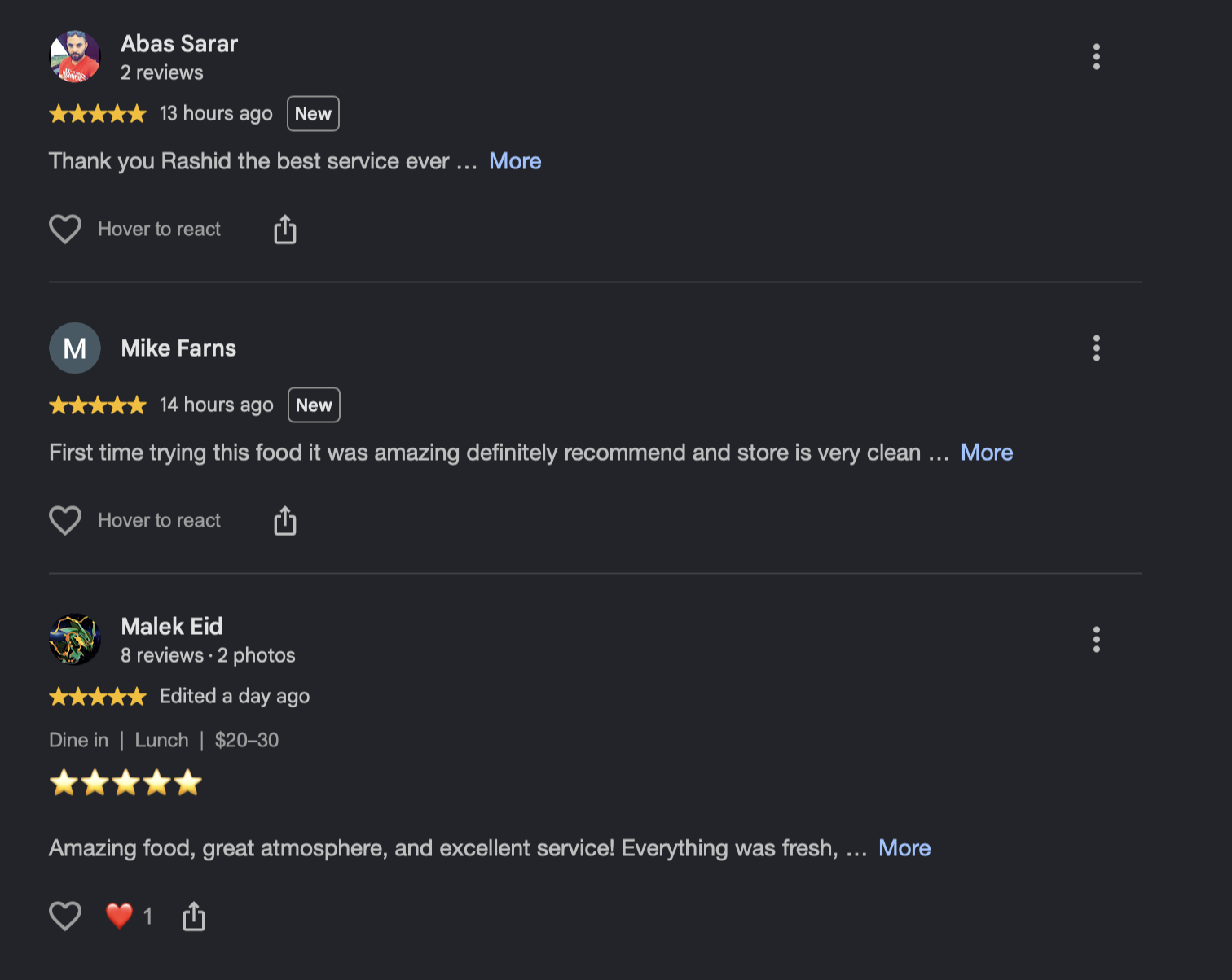 Google reviews: Abas Sarar, Mike Farns and Malek Eid, all five stars, within the last day.
