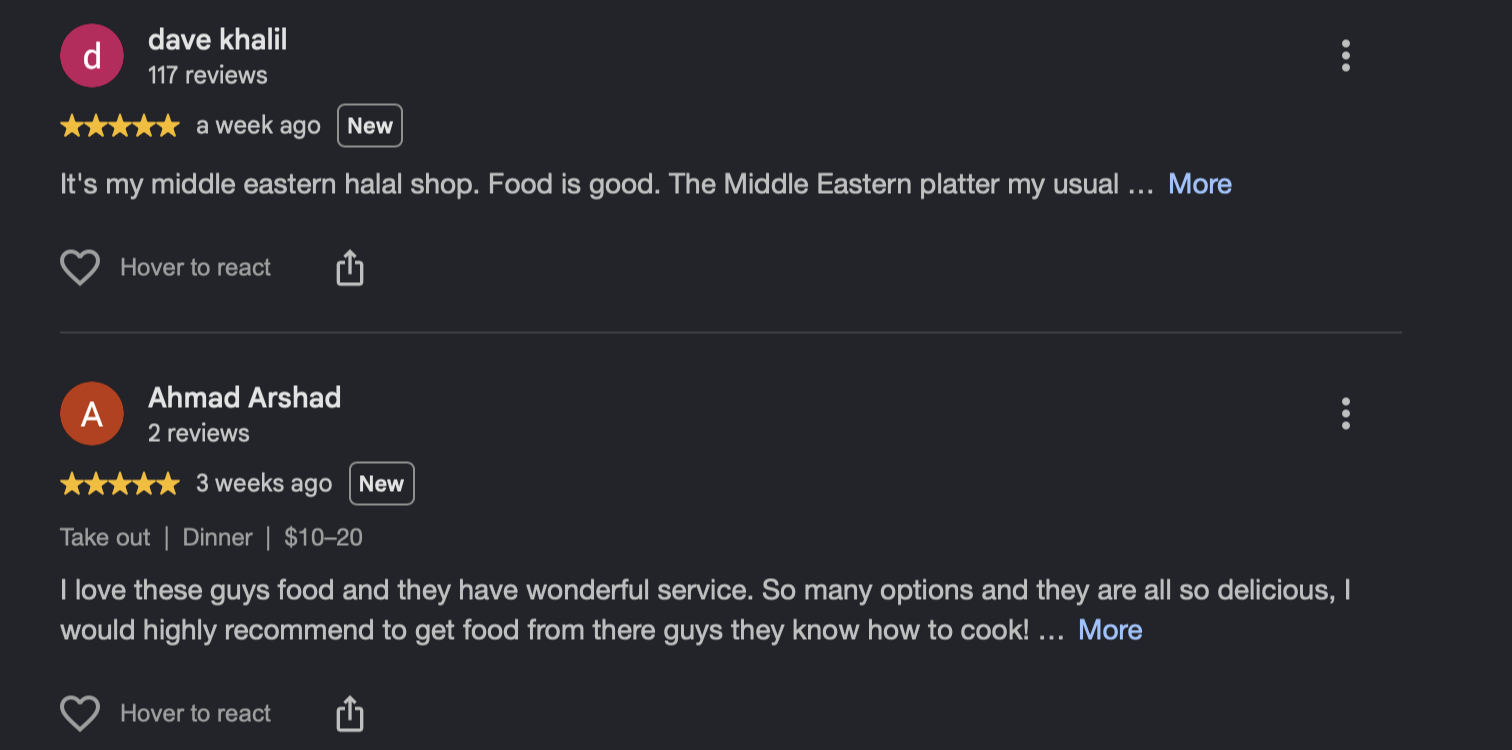 Google reviews: dave khalil, five stars, a week ago; Ahmad Arshad, five stars, three weeks ago.